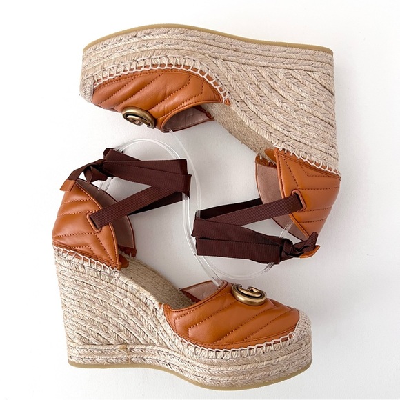 GUCCI | Marmont GG Cognac Leather Platform
Espadrille Wedge Sandal US 10 EU 40 - Picture 3 of 12